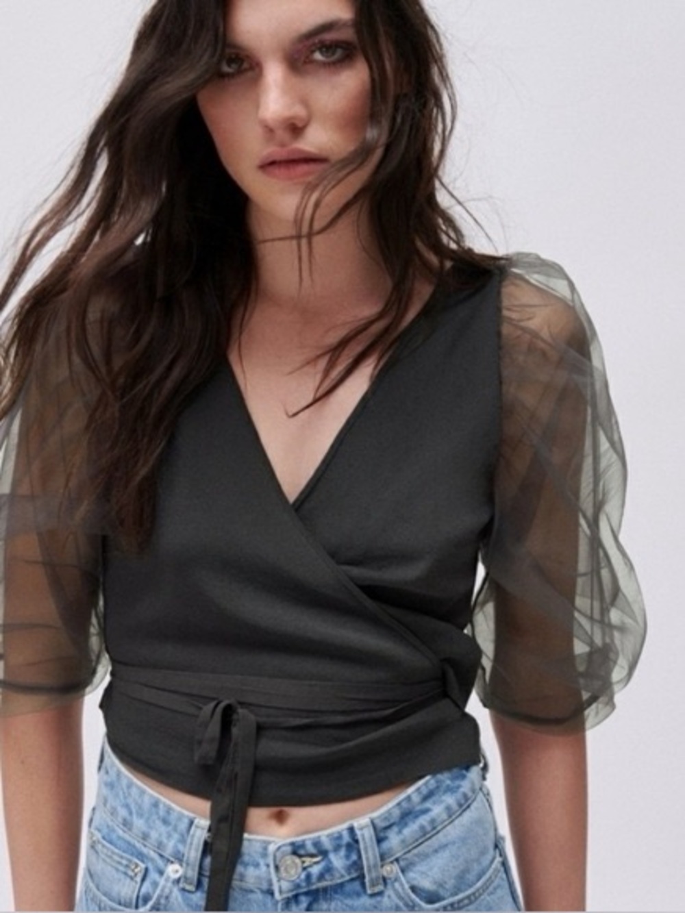 Zara Women’s Soft Knit Wrap Top Organza Puff Sleeves Gray Sz L NWT